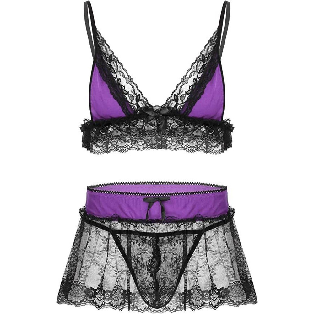 Men‘s Lingerie Set Lace Neck Skirted Thong Briefs+Deep V Bra Top Sexy Nightwear
